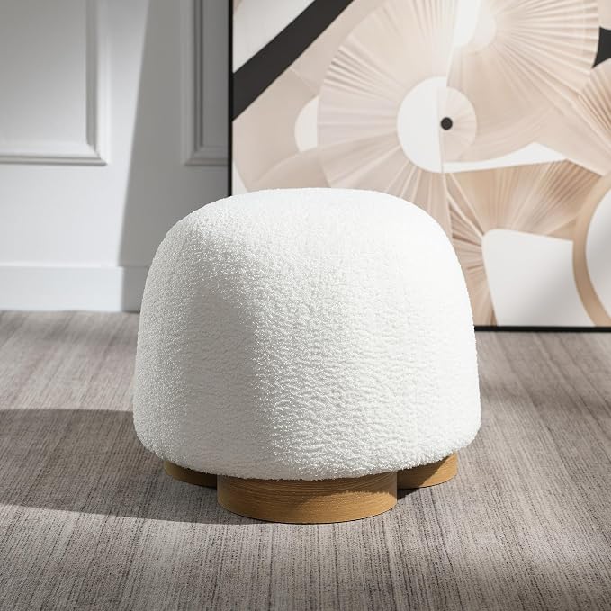 GDFStudio 20" Round Teddy Fabric Ottoman Stool, Upholstered Footrest with Foam Seat, Modern Accent Ottoman, Entryway Bedroom Vanity Stool, Fully Assembled, Metal Trim Base, White