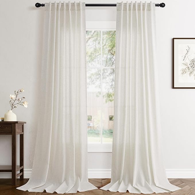 Jowels Natural Linen Curtains 110 Inch Long 2 Panels for Living Room | Ivory Light Filtering Sheer Curtain,Back Tab Pocket Pleated Look,Modern Farmhouse Textured Privacy Drapes for Bedroom Window