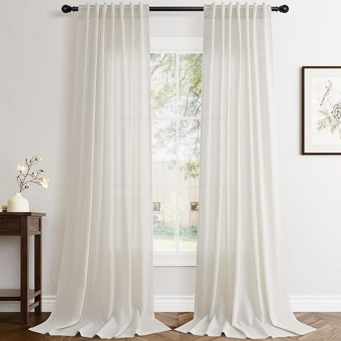 Jowels Natural Linen Curtains 95 Inch Long 2 Panels for Living Room | Ivory Light Filtering Sheer Curtain,Back Tab Pocket Pleated Look,Modern Farmhouse Textured Privacy Drapes for Bedroom Window