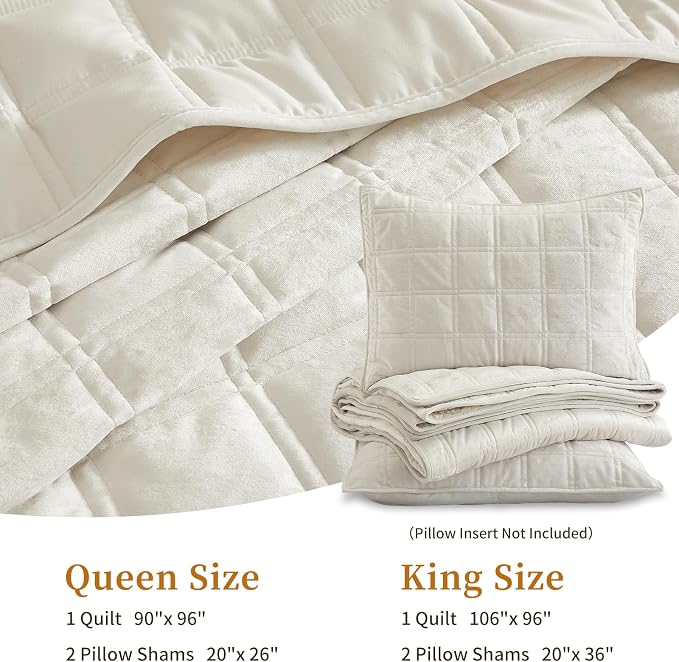 Velvet Quilt King Size Comforter Set - Luxury Soft Velvet Bedding Set for All Season, Bedspread Coverlet King Quilt with 2 Pillow Shams, Cream White, Checkered