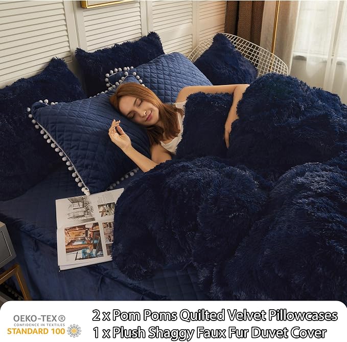 LIFEREVO Luxury Plush Shaggy Duvet Cover Set, Ultra Soft Velvet Fluffy Furry Duvet Cover Set(1 Faux Fur Fuzzy Comforter Cover + 2 Pom Poms Pillowcases) Solid Bedding Set, Zipper Closure(King, Navy)