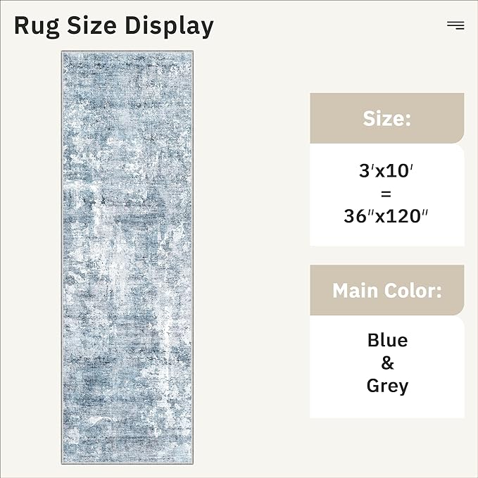 Soalmost Runner Rug 3x10 Washable Non-Slip Hallway Runner Rugs for Kitchen Bathroom Laundry Room Blue/Grey Vintage Floor Carpet Runners for Hallways Entryway