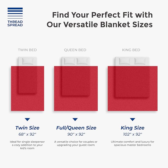 THREAD SPREAD Organic GOTS Certified Cotton Blanket, Twin/Twin XL - 350 GSM, Antistatic, Fuzzy Soft, Lightweight, Sofa, Camping & Travel, All-Season Herringbone Throw, Red + Stylish Bonus Tote Bag