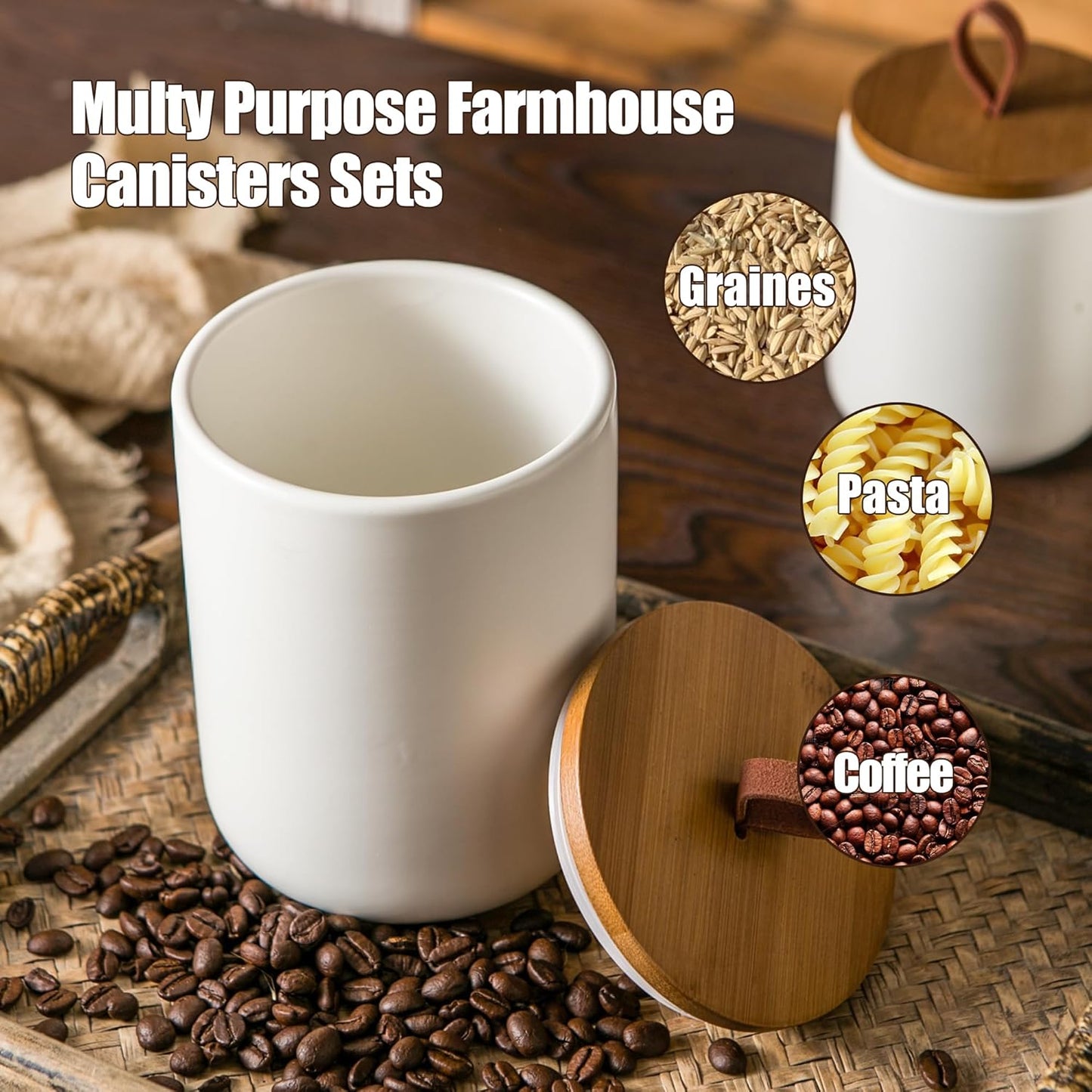 JOJUNO White Ceramic Canister Set with Wooden Lid, 3-Piece Airtight Food Storage Jars for Kitchen Counter - Flour, Sugar, Coffee, Tea, Spice - Small, Medium, Large Sizes