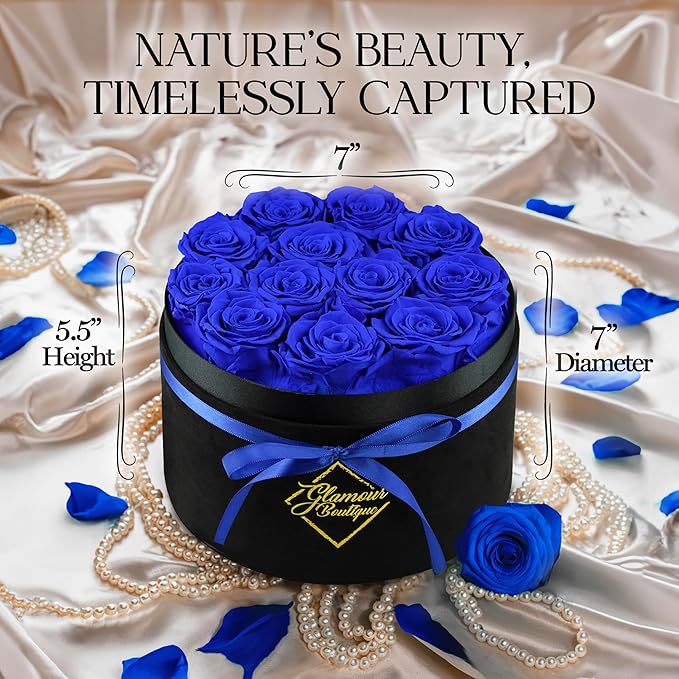 GLAMOUR BOUTIQUE Flowers Forever Gift Box, 12 Real Preserved Roses in Velvet Black Box, Floral Gift for Wife, Mom or Her for Birthday, Mother’s Day, Anniversary or Graduation, Blue (Color-Treated)