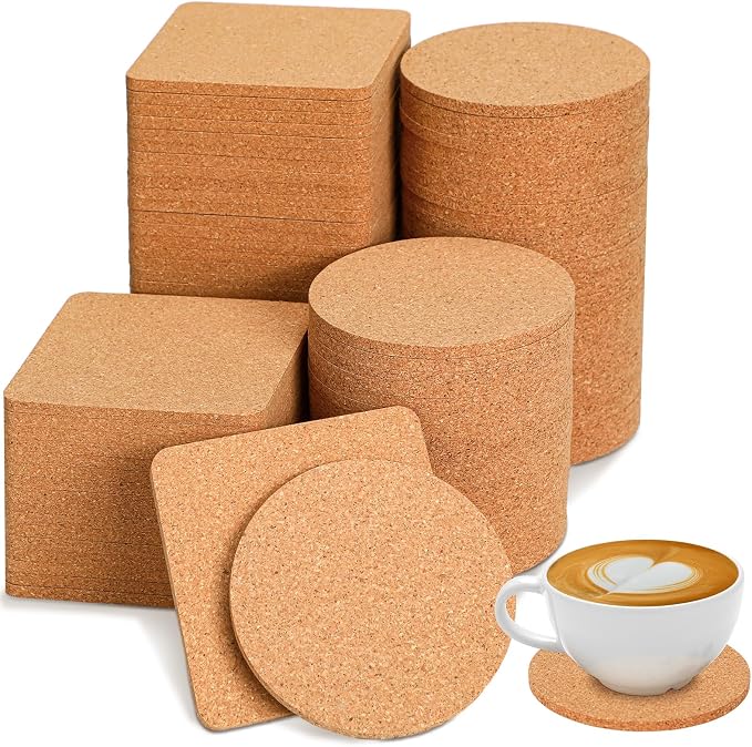 Yaomiao 100 Pcs Cork Coaster Bulk 4 Inch Wooden Coaster Set for Drink Tea Coffee Blank Absorbent Heat Resistant Reusable Home Table Round Square Friend Warm Gift DIY Craft Cafe Kitchen