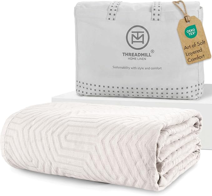 Threadmill Luxury Cotton Blankets for King Size Bed | All-Season Cozy 100% Cotton King Size Blanket | Aster Jacquard Soft & Lightweight Coverlet fits California King Size Bed, 104x92 | Vanilla Cream