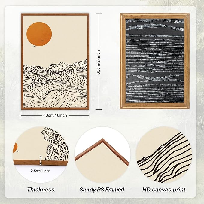 LHIUEM Abstract Wave Line Mountain Framed Canvas Wall Art,Boho Sun Wall Decor,Minimalist Beige Artwork for Living Room,Bedroom,Dining Room,Office -16"x24"x3