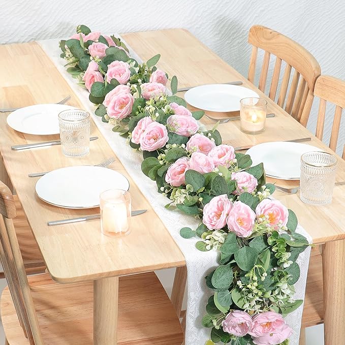 TOCHGREEN 2 Pack 13Ft Artificial Eucalyptus Flower Garland with Pink Camellia, Fake Flower Greenery Garland Floral Vines for Wedding Home Party Room Table Runner Decor (2PCS, Pink)