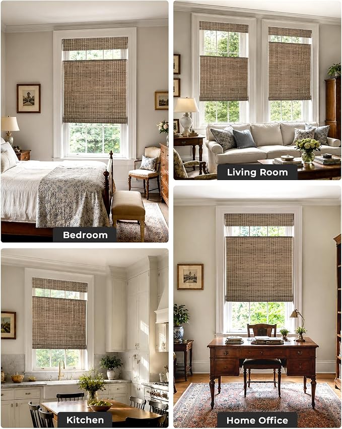 UNISHADES No Drill Cordless Bamboo Roman Shades, 35×64 in, Driftwood | Room Darkening Top Down Bottom Up Window Blinds for Indoor Windows