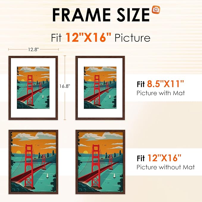 FIXSMITH 12x16 Picture Frame Brown Set of 2, Photo Frame with HD Plexiglass, Display Pictures 8.5x11 with Mat or 11x17 Without Mat, Brown Picture Frames Collage Wall Decor, Gallary Wall Frame
