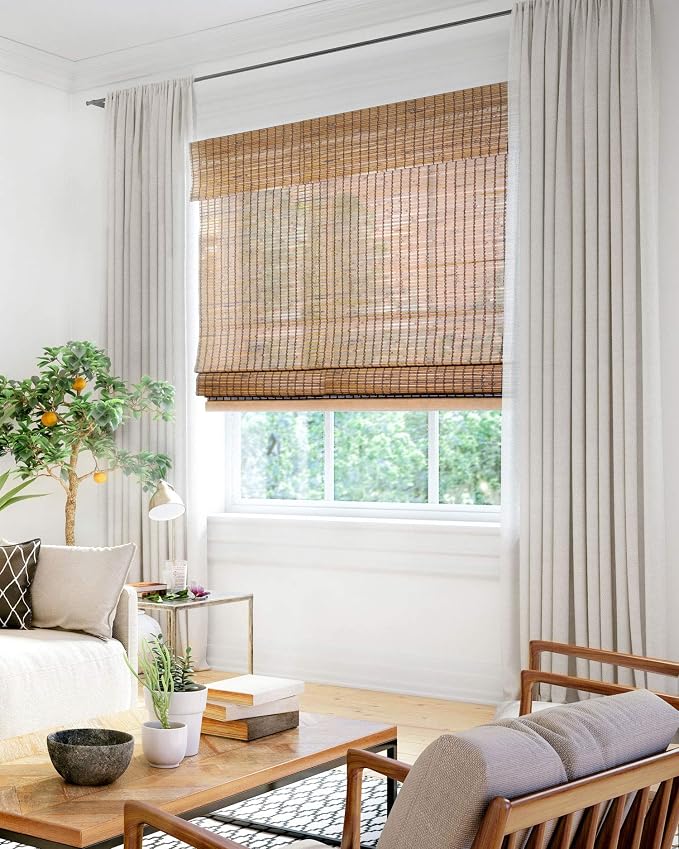 CHICOLOGY Bamboo Roman Shade, Cordless Light Filtering Woven Wood Window Treatment for Living Room, Dining Room, Kitchen & Office, Natural Bamboo Blinds for Boho Coastal Decor, Beaver, 35"W x 64"H