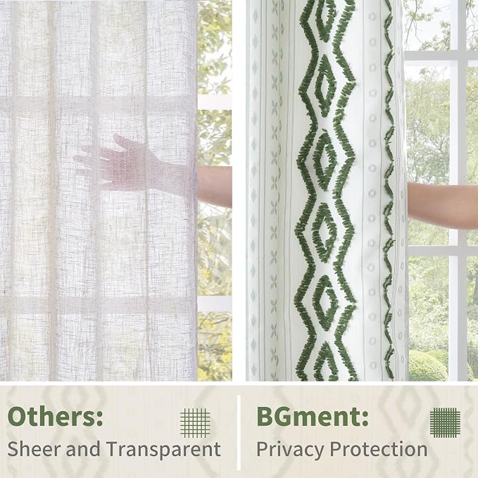 BGment Green Boho Curtains with Tufted Pom Stripe Geometric, Linen Jacquard Pattern Drapes with Grommet for Living Room Bedroom Light Filtering, 52 X 84 Inch, 2 Panels