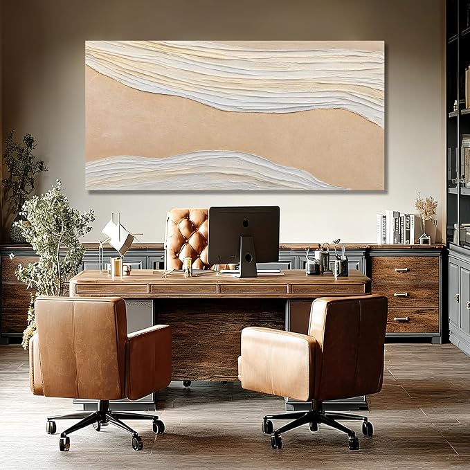 Dolidoteart Beige White Canvas Wall Art, Hand Painted Abstract Oil Painting, Large Neutral Textured Wall Decor for Living Room Bedroom, Horizontal 24x48 Inch