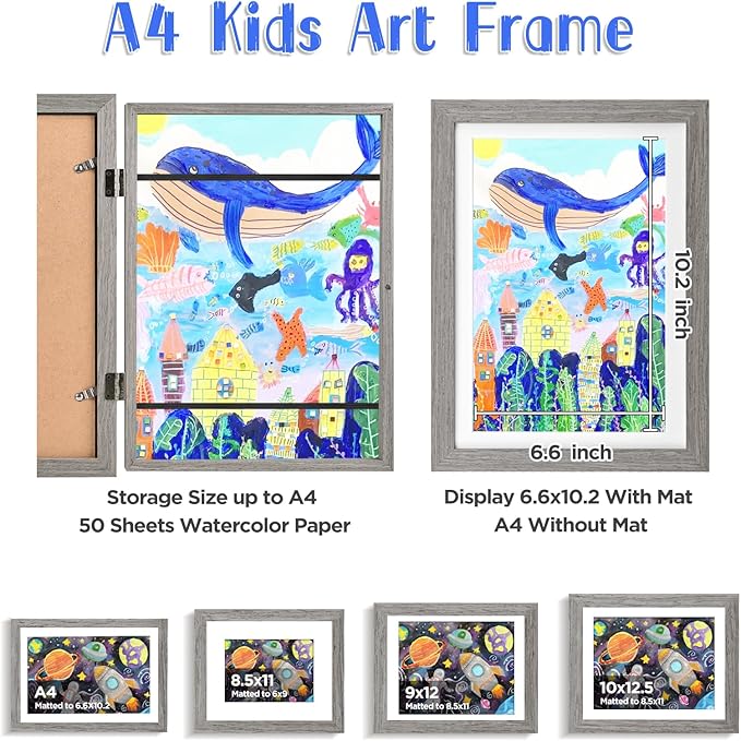 KINLINK A4 Kids Art Frame Set of 2, Solid Wood Kids Artwork Frames Changeable with Front Opening hold 150 Pictures, Art Frames for Kids Art with Mat，without Mat A4 Picture Frame Grey