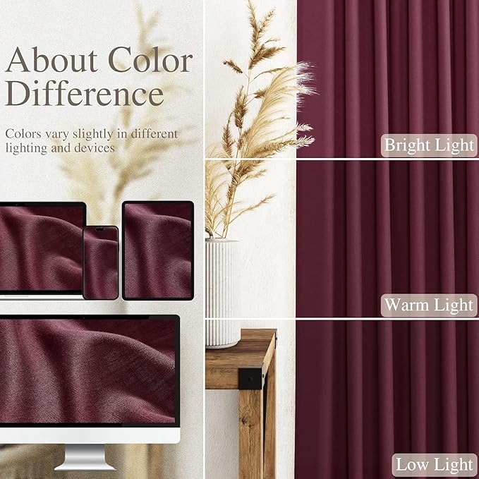 Nanspring Burgundy Linen Curtains for Living Room 98 Inches Long Light Filtering Semi Sheer Curtain Back Tab Vintage Boho Decor Elegant Luxury Drapes for Bedroom Dinner Room 52x98, 2 Panels