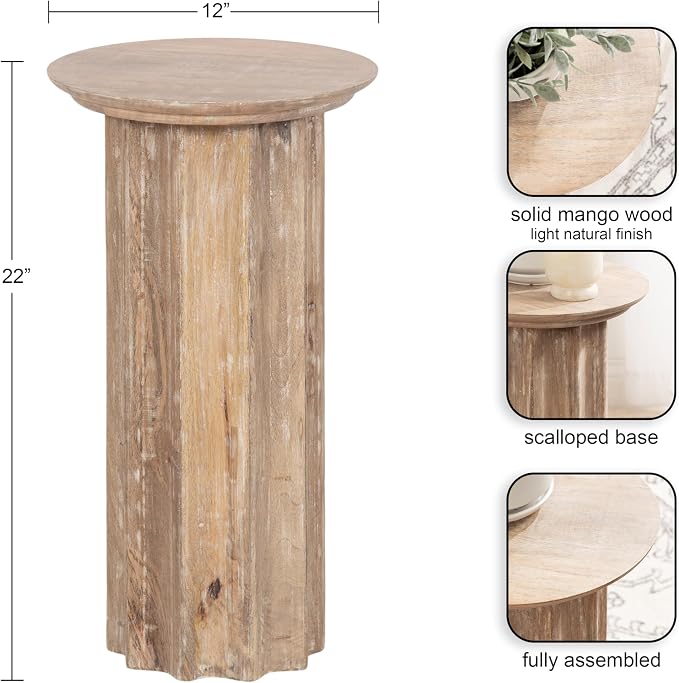 Kate and Laurel Gierson Modern Wooden Round Side Table; 12 x 12 x 22; Light Natural; Transitional Scalloped Wood End Table for Use as Bedroom Nightstand or Living Room Accent Table