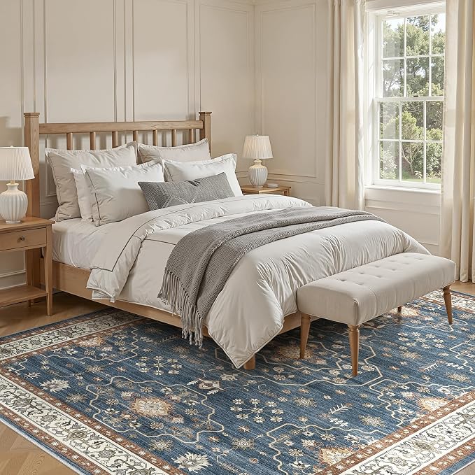 7x9 Area Rug for Living Room- Machine Washable Soft Oriental Vintage Large Indoor Floor Carpet for Bedroom Under Dining Table Home Office Decor - Dark Blue