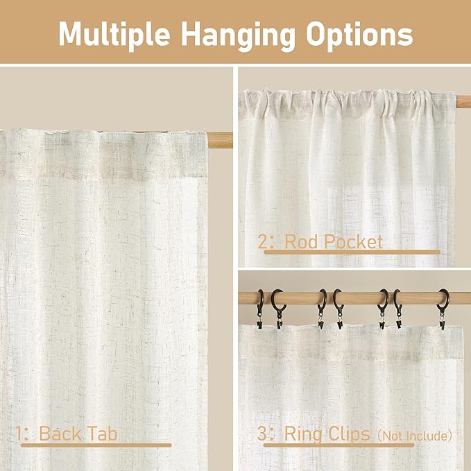 LAMIT Light Filtering Linen Curtains 63 inches Long for Bedroom, Linen Textured Semi Sheer Back Tab and Rod Pocket Boho Drapes for Living Room, Cream, 2 Panels, 60 x 63 Inch