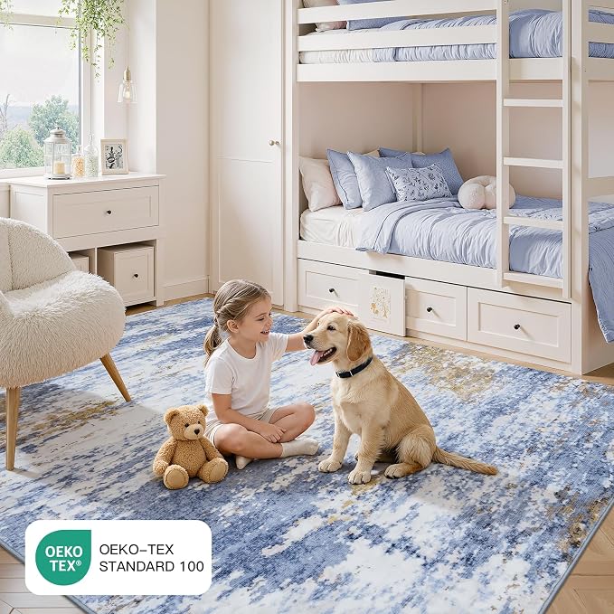 Lofus 8x10 Area Rug for Living Room, Abstract Large Rugs with Non-Slip Backing, Neutral Modern Washable Carpet for Bedroom Dining Room Home Office Nursery Indoor,Light Blue/Brown