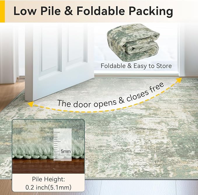 RELEANY Washable Area Rugs 2'x8' Non-Slip Modern Abstract Soft for Living Room Entryway Bedroom Nursery, Print Pattern, Light Green/Yellow