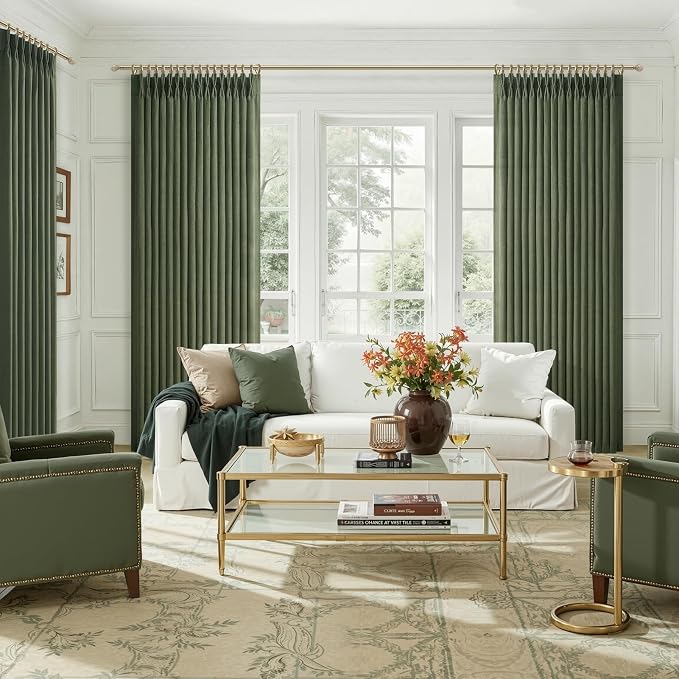 Extra Long 108 Inch Pinch Pleated Sheer Large Curtains for Living Room, Dark Green Memory Shape Natural Linen Light Filtering Privacy Luxury Windows Curtain & Drapes 4 Panels Set with Hook Ring Loden