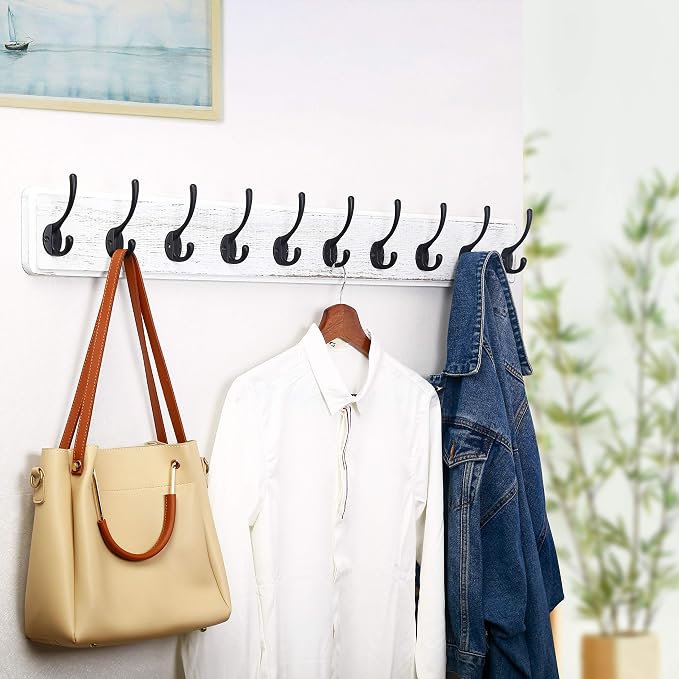 WEBI Coat Rack Wall Mount,10 Hooks,38 9/16" Long Coat Hooks Wall Mounted,16" Hole to Hole,Large Wood Coat Hanger Wall,Hook Rack for Hanging Coats,Jacket,Clothes,Hats,Black/White,2 Packs