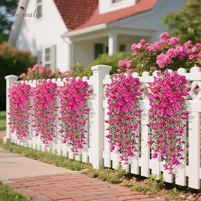 Serwalin Artificial Hanging Flowers for Outdoors Decoration, 8PCS UV Realistic Resistant Fake Silk Artificial Outdoor Plants for Porch Patio Balcony Indoor Planter Garden Yard Decor (Hot Pink,8PCS)