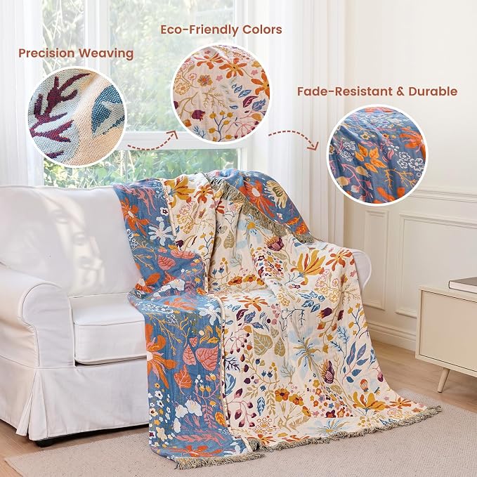 MSGKV Boho Throw Blanket for Couch 100% Cotton 50"x60" Floral Blanket Sofa Chair Throws Summer Breathable Lightweight Farmhouse Blankets Home Decor All Seasons