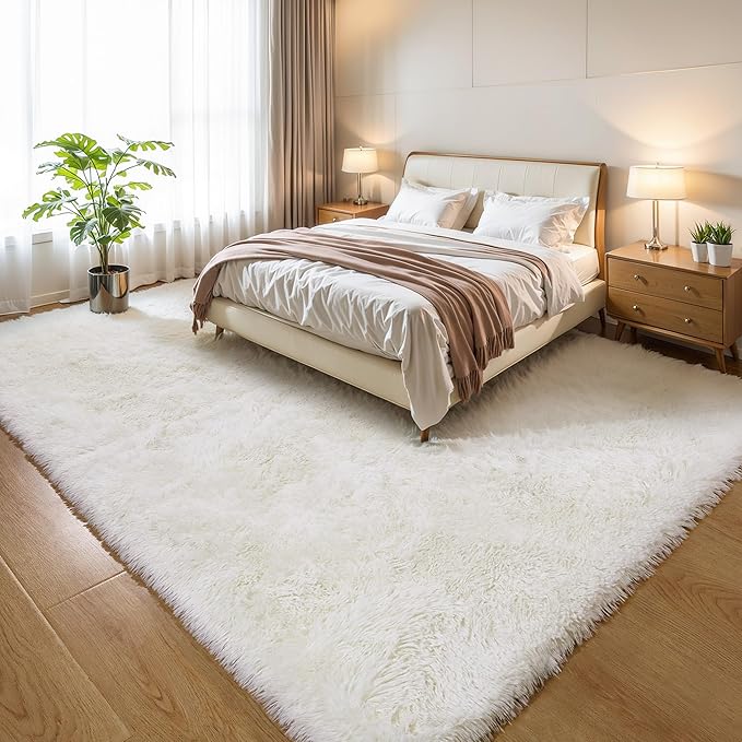 KCHOWUA Ceam White Fluffy Shag Large Area Rug for Living Room,5'x8' Machine Washable Furry Fuzzy Rugs for Bedroom,Modern Soft Shaggy Plush Cute Carpet for Kids Boys Girls Dorm Room Nursery,Ivory
