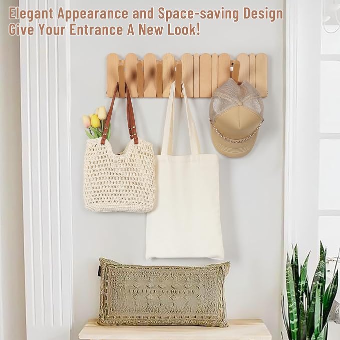 Wall Coat Rack for Entryway: Wooden Modern Heavy Duty 8 Hooks 21.6'' Retractable Wall Mounted for Boho Home Decor Hallway Bathroom Bedroom for Hanging Jacket Towel Backpack Bag