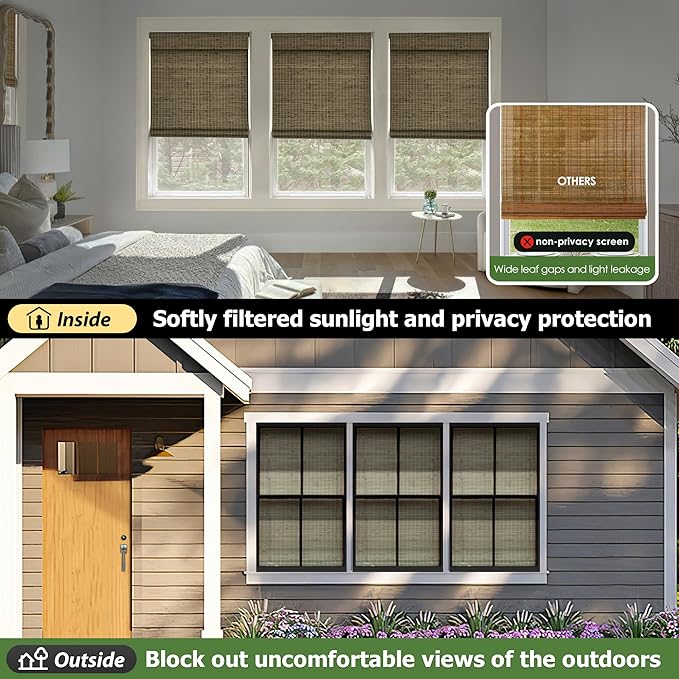 LazBlinds Cordless Bamboo Roman Shades, 34.5x64, BDP-Driftwood | Privacy Blinds for Interior Windows, Room Darkening Roll Up Bamboo Blinds for Home & Patio