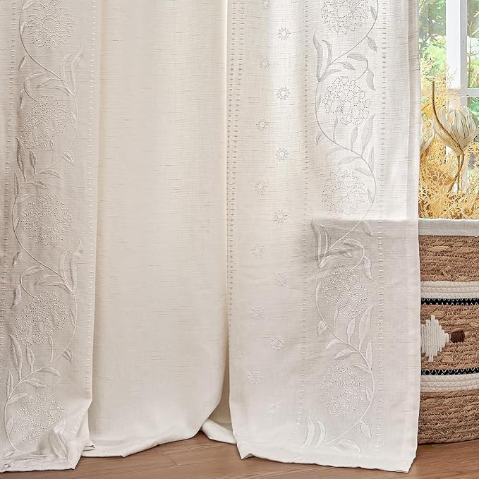 jinchan Winslow Lined Linen Curtains for Bedroom 63 Inches Linen Blended Embroidered Bordered Floral Curtains for Living Room Farmhouse Decor Window Treatments White on White Drapes 2 Panels