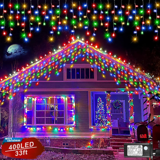 Icicle Lights for Outside, 33FT 400 LED Icicle Christmas Lights Outdoor Indoor with 8 Modes 75 Drops, Waterproof Connectable Twinkle String Light for Eaves Patio Garden Wedding Party Decor, Multicolor