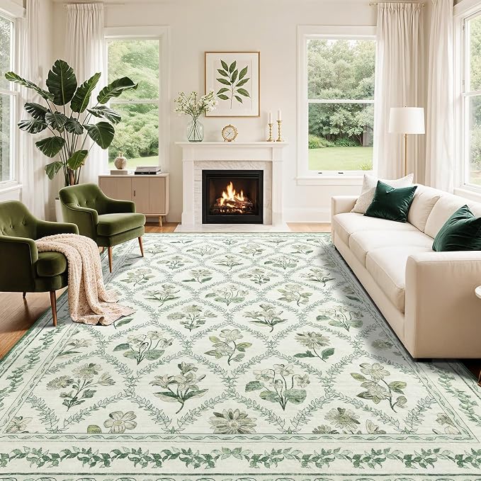 LIANLAM Checkered Rug 9x12 Area Rugs for Living Room - Stain Resistant & Non-Slip Backing Vintage Boho Floral Design Rug for Bedroom,Durable & Ultra-Thin Large Washable Area Rug(9x12,Green)