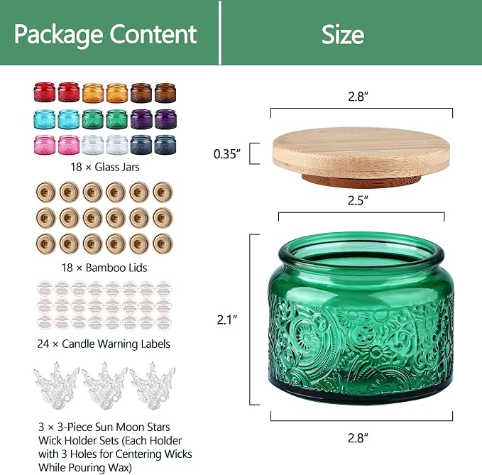 4 oz Multi-color Sun Moon Stars Candle Jars with Bamboo Lids, 18 Pack | Patented Embossed Design, Includes Wick Centering Devices & Warning Labels, Multiple Color Options