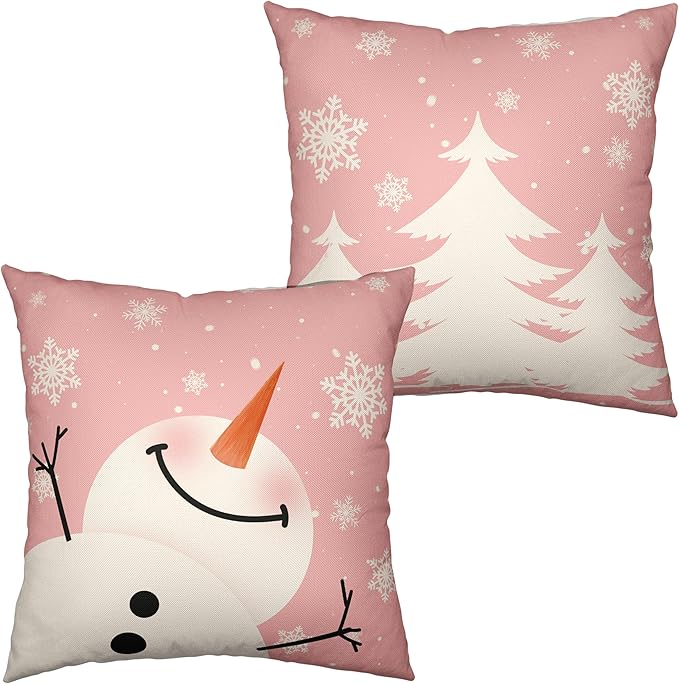 Pink Holiday Throw Pillow Covers 22x22 Lovely Snowman Pillowcase White Christmas Tree Pillow Covers Cotton Linen Cushion Case for Xmas Decorations Living Room 2 Pack