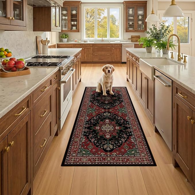 RELEANY Area Rugs 2'x6' Runner Rug Non Slip Washable for Kitchen Hallway Bedroom Beside Laundry Room Bathroom Rug, Floor Carpet, Red Black