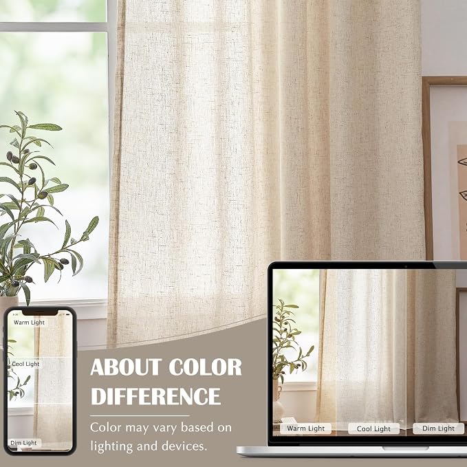 jinchan Linen Curtains 84 Inches Long for Living Room Bedroom Farmhouse Light Filtering Grommet Drapes Semi Sheer Natural Linen Textured Window Curtains 7ft Neutral Curtain Panels for Dining Office