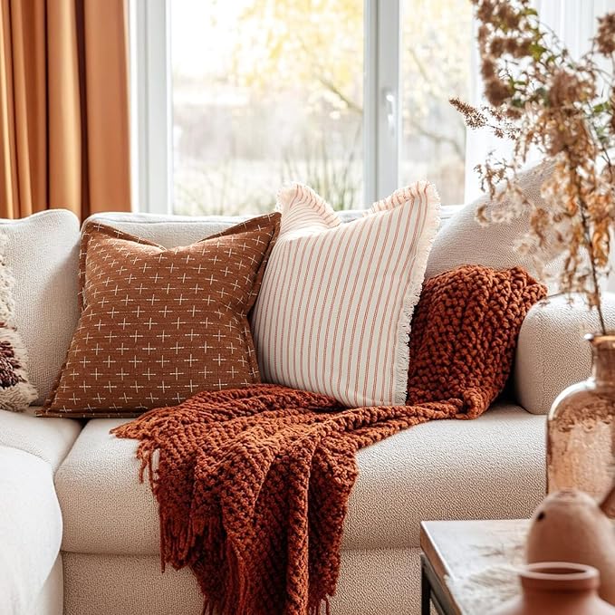 ZWJD Throw Pillow Covers 20x20 Set of 2 Striped Pillow Covers with Fringe Chic Cotton Decorative Pillows Square Cushion Covers for Sofa Couch Bed Living Room Farmhouse Decor