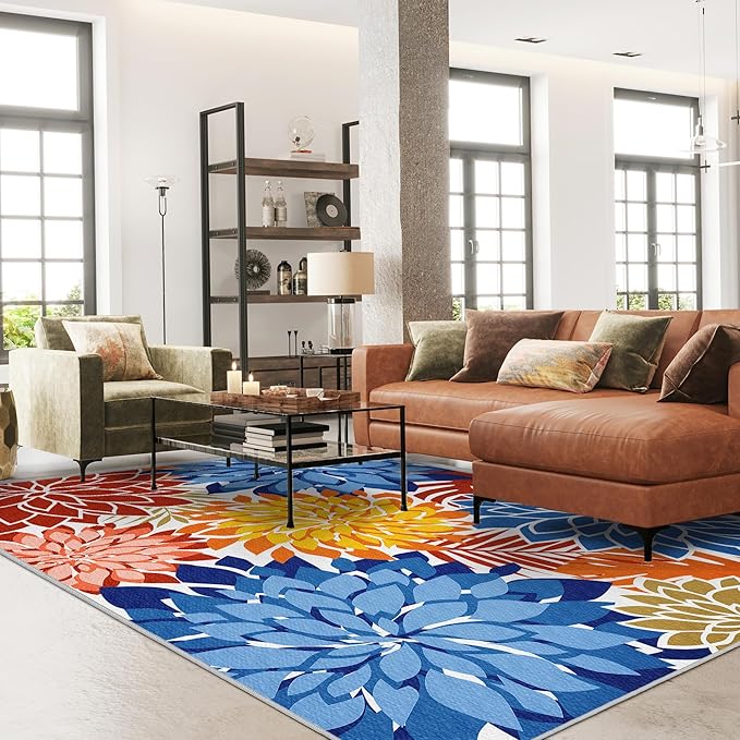 Colorful 6x9 Outdoor Area Rug Washable Multicolored Patio Rug Tropical Botanical Floral Chenille Waterproof Outdoor Carpet Non-Slip for Patio, Deck, Backyard, Porch, Vivid Dahlia