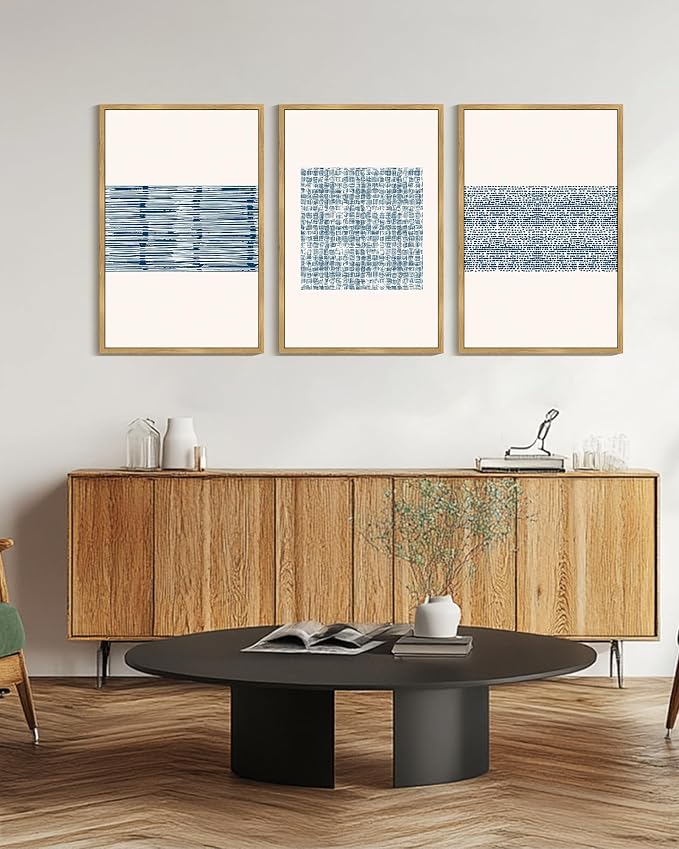 PHOPAGO Blue Abstract Framed Wall Art Large 24x36in Modern Boho Neutral Line Wall Decor Bohemain Minimalist Geometric Artwork Home Decor - Natural Framed