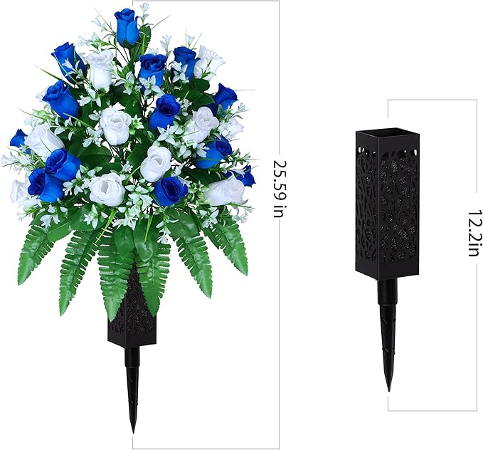 LVXINLI Artificial Cemetery Flowers, Gravesite Decoration Roses, Memorial Bouquets with Cemetery Vase, Vibrant and Long-Lasting Colors (Dark Blue+White, 2 Bundles)