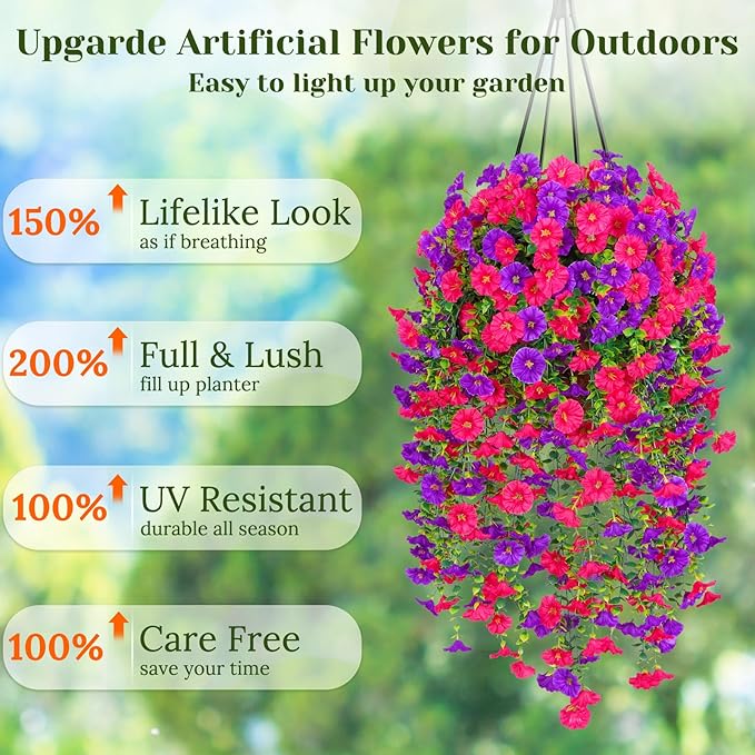 Dolicer 8 Pack Look Real Artificial Flowers for Outdoors, Fake Artificial Hanging Flowers for Outdoors Realistic UV Resistant Hanging Flowers Silk Petunia Faux Flowers for Porch Patio(Purple+Rose Red)