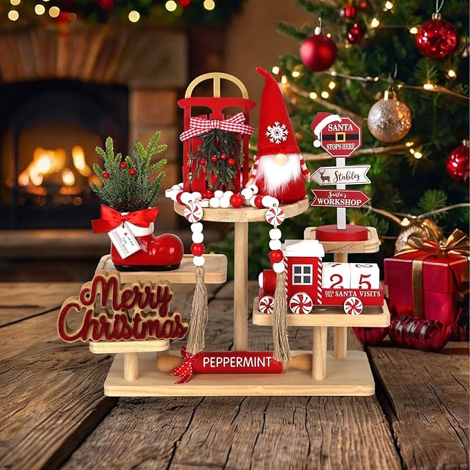 Christmas Decorations 8 PCS Tiered Tray Decor Set, Cute Tabletop Christmas Decor for Home Office Shelf Mantel Coffee Bar Xmas Table Centerpieces Tray Objects Holiday Decoration Set