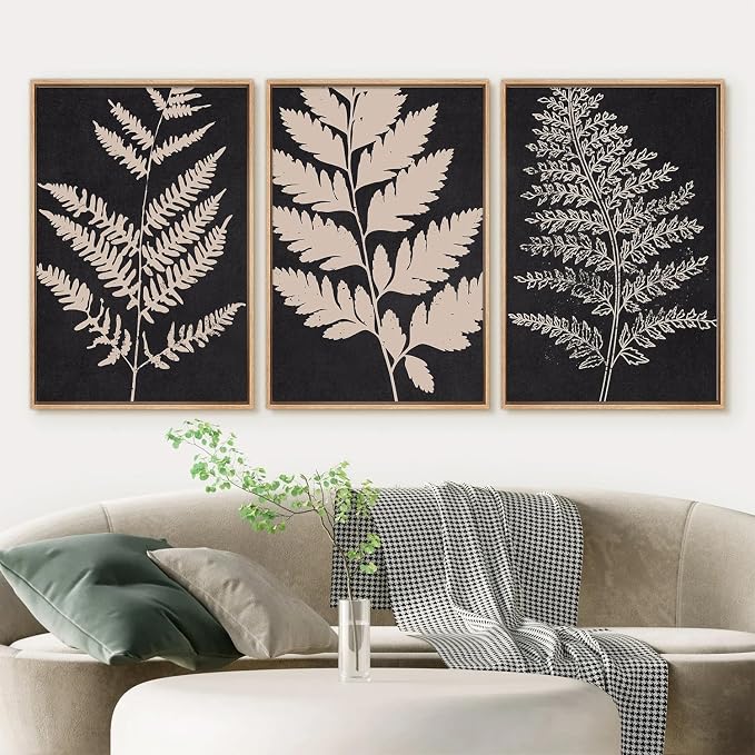 SIKERIC Vintage Black Tan Fern Leaf Wall Art, Nature Minimalis Leaves Framed Canvas Art Print Set of 3, Modern Fern Silhouette Wall Decor, Large Plant Artwork for Living Room, Bedroom, Office-24x36