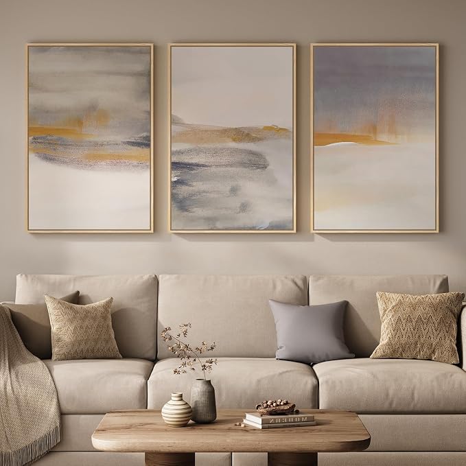 Framed Large Neutral Abstract Wall Art, Set of 3 Canvas Modern Prints Paintings, Minimalist Landscape Beige Gray Picture Artwork Decor for Living Room Bedroom Office 24x36 Inch