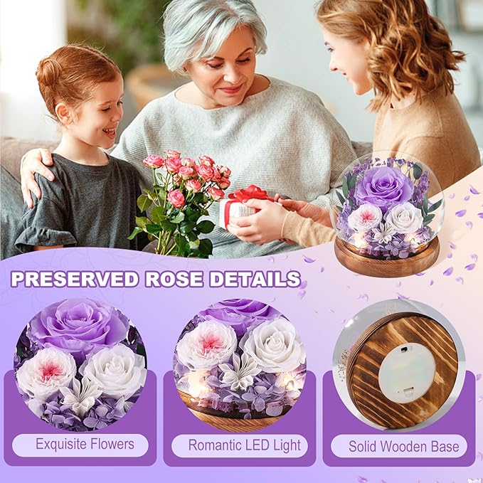 FIACO Gifts for Mom Birthday Gifts Women Preserved Flowers in Glass Dome Forever Flowers for Delivery Prime Purple Eternal Roses Mothers Day Birthday for Grandma Sister Daughter Wife Her Girlfriend