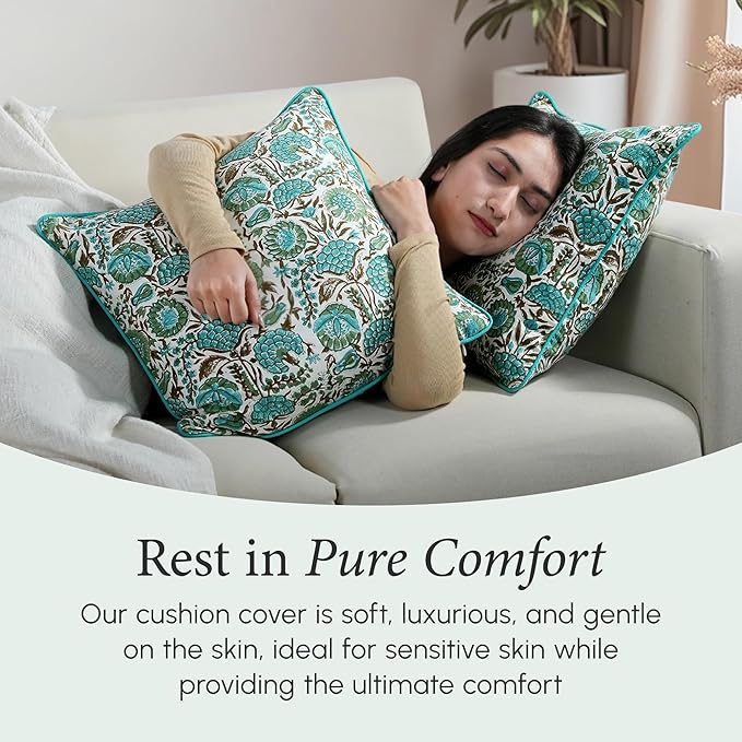 CPC Aqua Green Floral Printed Throw Square Cushion Covers - 24x24 Inch 100% Cotton Washable Decorative Couch Pillows Covers for Living Room Bed Sofa and Outdoors Spring, Easter, Valentines Gift