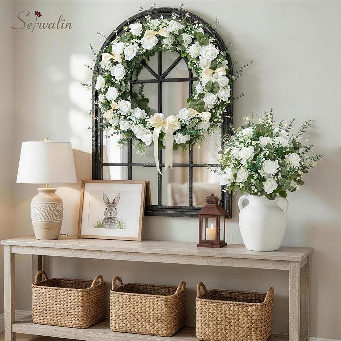 Serwalin 60 Pcs Mixed Eucalyptus Greenery Stems, White Silk Roses and Babys Breath Artificial Flowers for DIY Wedding Bouquets Home Party Arrangement Floral Vase Decor